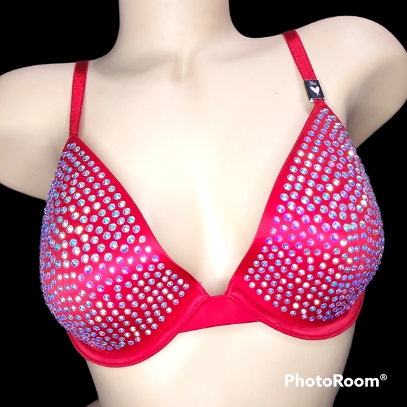🆕️VS VERY SEXY Lightly Lined Embellished Bling Red Low cut Demi Bra Size 36C - Picture 4 of 12